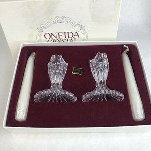Oneida Crystal Augustine Console Candlesticks Made Austria 3.5” Tall New In Box